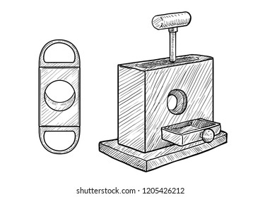 Cigar cutter illustration, drawing, engraving, ink, line art, vector