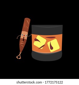 cigar and glass of whiskey with ice cartoon character in a black tie with round green eyes posing on a black background the concept of alcohol and smoking