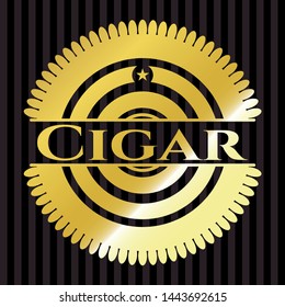 Cigar gold emblem or badge. Vector Illustration. Detailed.