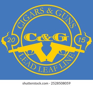 Zigarre und Kanonen Logo mit 2 Kanonen. Bleiblatt Linie 2015 kreisförmig und attraktiv Logo mit Rüstung. bullet Emblem Design für Pistolen Firma