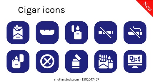 cigar icon set. 10 filled cigar icons.  Simple modern icons about  - Cigarette, Ashtray, Lighter, No smoke, No smoking, Gambling