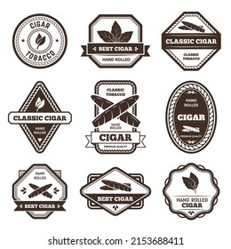 Cigar labels. Classic tobacco leaf sign, hand rolled cigarette and nicotine product badges vector set. Premium quality handmade cigar template emblems of different shape, vintage collection