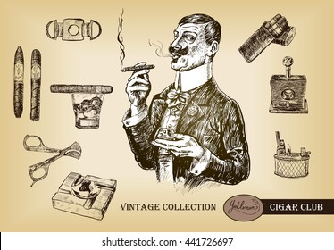 Cigar, lighter, ashtray, guillotines,  gilded cutter, scissors, glass of whiskey. Elegant gentleman holding glass of beverage and cigar.Vintage illustration in engraving style