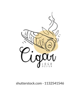 Cigar logo design, emblem can be used for smoke shop, gentlemens club and tobacco products hand drawn vector Illustration on a white background