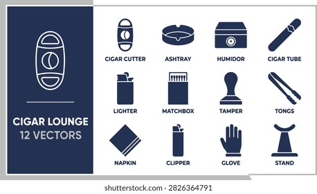 Cigar lounge icons set featuring smoking accessories like humidor, ashtray, lighter, and cutter for tobacco shop branding.