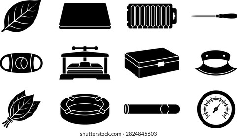 Cigar making and smoking tools black icon set for tobacco production and cigar lounge vector illustration
