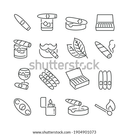 Cigar related icons: thin vector icon set, black and white kit