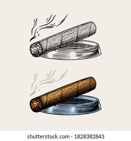 Cigar or smoke, Gentleman emblem. Bad habit. Classic cigarette. engraved hand drawn in old vintage sketch. svg