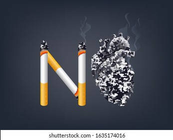 Cigarette with abstract black human heart. Stop smoking, World no tobacco day. Smoking is harmful to human organs. Resulting in organ damage and premature. Illustration.