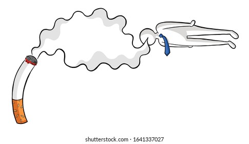 Cigarette addict businessman flies by sniffing cigarette smoke vector illustration. Black outlines and colored, white background.