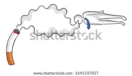 Cigarette addict businessman flies by sniffing cigarette smoke vector illustration. Black outlines and colored, white background.