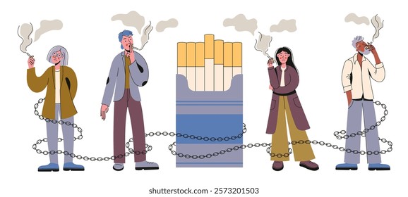 Cigarette addiction concept. Man smoker holding cigarette, stop smoking anti tobacco banner, tobacco addicted characters. Vector smokers illustration.