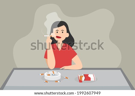 Cigarette addiction vector concept: Young woman smoking unhealthy cigarette while sitting on the chair