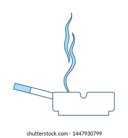 Cigarette In An Ashtray Icon. Thin Line With Blue Fill Design. Vector Illustration.