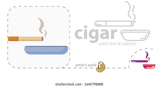 cigarette with ashtray illustration. flat line icon