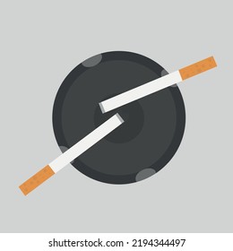 Cigarrillo y cenicero. Cigarrillo simple. Ilustración vectorial del cigarrillo. Cenicero negro.