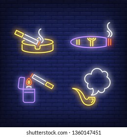 Cigarette in ashtray, smoking pipe and lighter neon signs set. Smoking, healthcare and addiction design. Night bright neon sign, colorful billboard, light banner. Vector illustration in neon style.