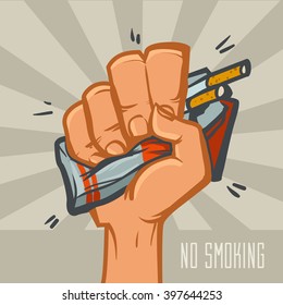 Cigarette Box In Hand, Giving Up Smoking, Stop Smoking Concept, Fist, Vector Illustration, No Smoking