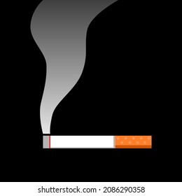 Cigarette burn with smoke on black background flat vector icon design.