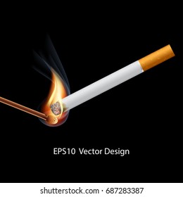 cigarette with burning match on black background