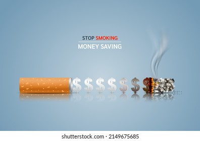 Cigarette is burning money. Dangers of smoking smoking effect on human teeth. Stop smoking, World No Tobacco Day. Medical and money saving concept. On dark background vector EPS10.