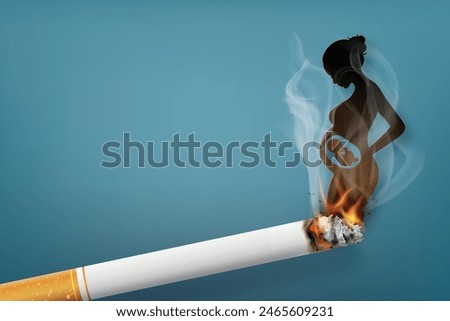  Cigarette burning with smoke forming silhouette of pregnant woman, highlighting health dangers.