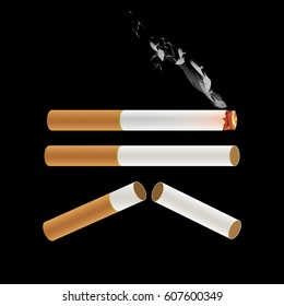 Cigarette Burning with Smoke. Vector Illustration. isolated on Black Background.