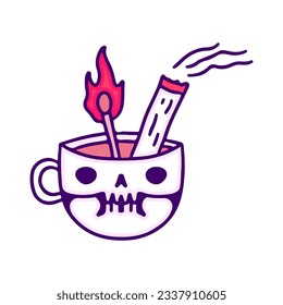 Cigarette and burning wooden match inside a skull mug, illustration for t-shirt, sticker, or apparel merchandise. With doodle, retro, and cartoon style.