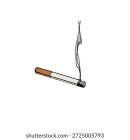 A cigarette burns with thin smoke billowing from its tip.