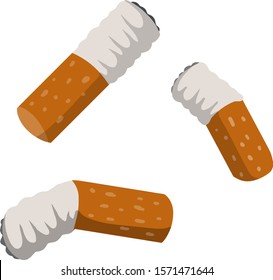 Cigarette butt. Bad harmful habit of Smoking. A set of trash, dirt and garbage. Small object. Cartoon flat illustration