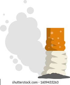 Cigarette butt. Bad harmful habit of Smoking. Trash, dirt and garbage. Small object. Cartoon flat illustration. Ash and smoke