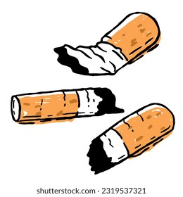 Cigarette butt. Bad harmful habit of Smoking. Sketch set of trash, dirt and garbage. Small object. Cartoon hand drawn flat illustration