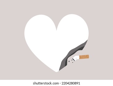 A cigarette butt burning a paper heart, nicotine addiction and health risks