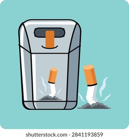 Cigarette butt disposal concept vector illustration, comparing a cigarette put out inside a bin versus dropped on the floor, bad habit and littering awareness isolated on light blue background.