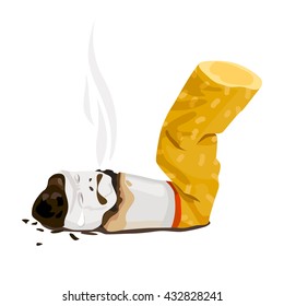 Cigarette butt was dropped on the floor, sad, crying, character cartoon, illustration design.