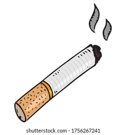 Cigarette butt with filter. Cigarette without smoke. Cigarette ashes. Vector illustration. Simple hand drawn icon.