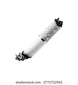 Cigarette butt in monochrome halftone style, dotted texture illustration of a smoked cigarette with ash, symbol of smoking, addiction and waste, isolated on white background.