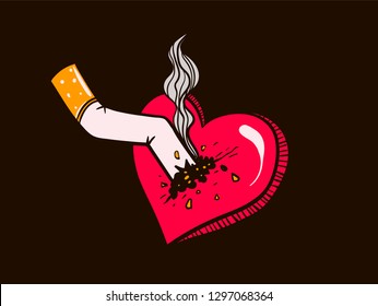 a cigarette butt put out on a red heart, tattoo, print on a T-shirt svg