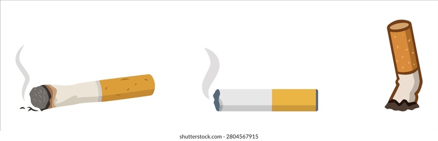 cigarette butt vector set including lit cigarette, smoked cigarette, and cigarette butt isolated on white background.