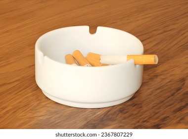 Cigarette butts in ceramic ashtray on brown background. White ceramic ashtray with smoked cigarettes, ashtray with cigarette stubs. Ashtray with smoked cigarettes, dice shaped
