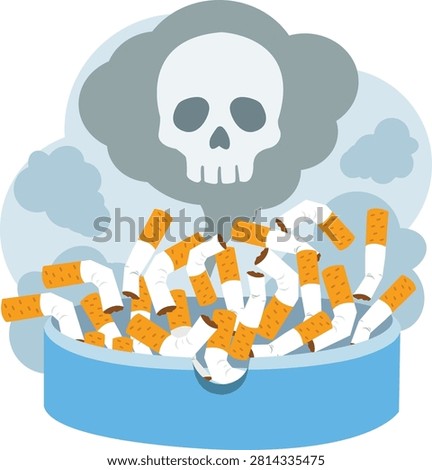 Cigarette butts overflowing in ashtray with skull shaped toxic smoke lung cancer danger concept.