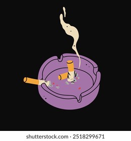 Cigarette butts in a purple ashtray. Hand drawn modern Vector illustration. Isolated design element. Icon, poster, print, design template. Smoking tools, accessories, bad habit, addiction concept