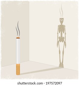 Cigarette casting shadow of skeleton in vector