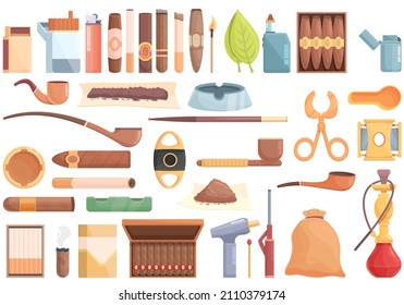 Cigarette and cigar accessories icons set cartoon vector. Addiction box. Cutter pack