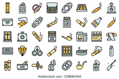 Cigarette and cigar accessories icons set outline vector. Box addiction. Cutter pack