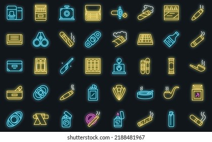 Cigarette and cigar accessories icons set outline vector. Box addiction. Cutter pack vector neon