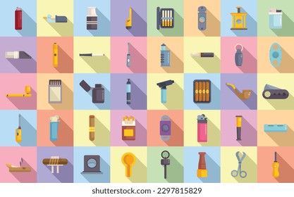 Cigarette and cigar accessories icons set flat vector. Box cutter. Pack burn