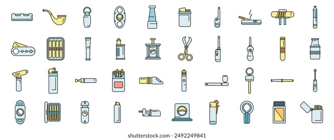 Cigarette and cigar accessories icons set outline vector. Box cutter. Pack burn thin line color flat on white