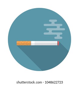 Cigarette circle icon with long shadow. Flat design style. Cigarette simple silhouette. Modern, minimalist, round icon in stylish colors. Web site page and mobile app design vector element.