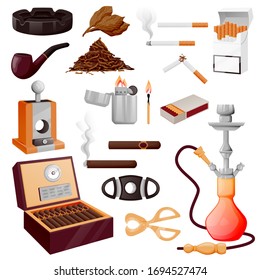 Cigarette, cuban cigars and accessories. Vector cartoon illustration. Tobacco, hookah and nicotine smoking icons set, isolated on white background